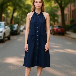 Womens Gap Cotton Minimalist A Line Midi Halter Dress Blue Large Summer Vacation